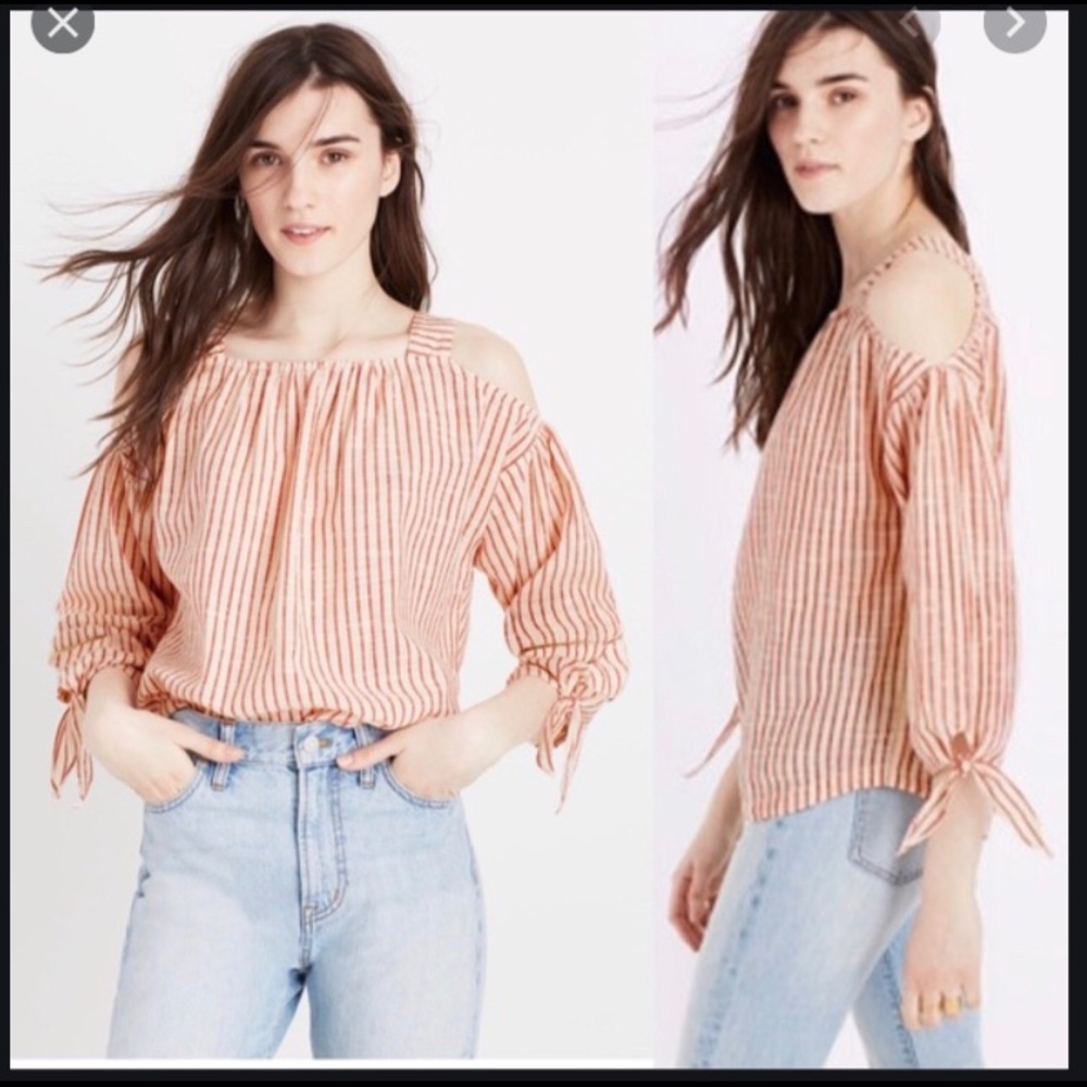 Madewell cold shoulder red striped cotton blouse